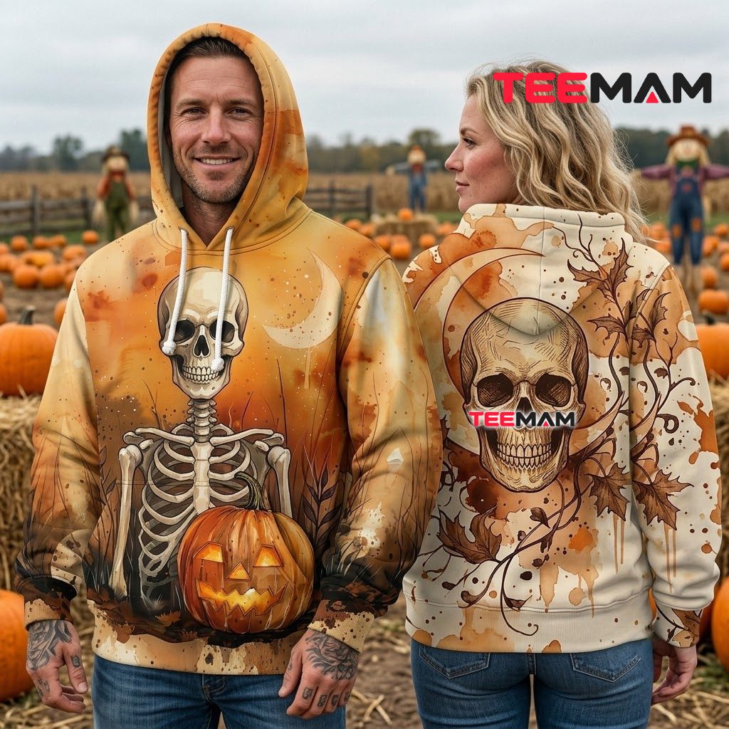 Vintage Skeleton Pumpkin Halloween 3D Hoodie Back Vintage Skeleton Pumpkin Halloween 3D Hoodie Back