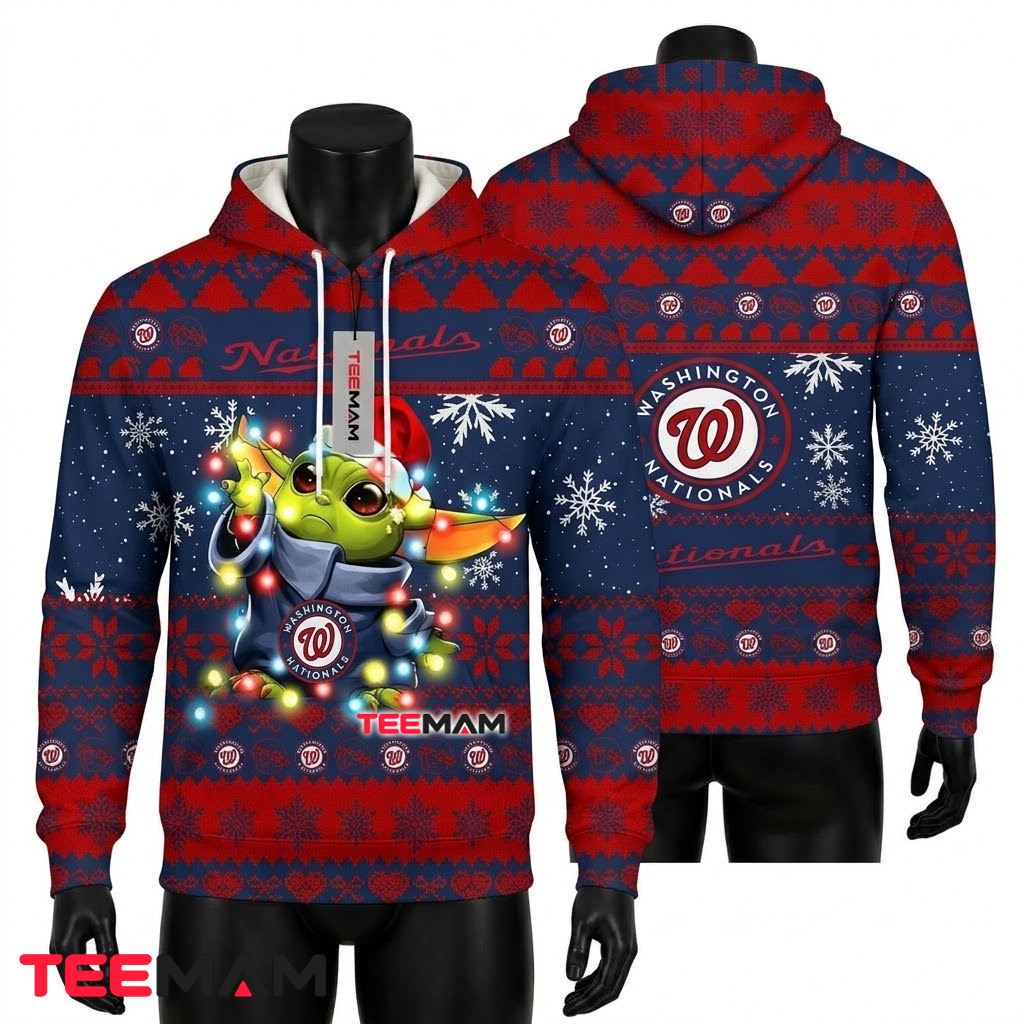 Washington Nationals 3D Hoodie Baby Yoda Christmas Lights Front