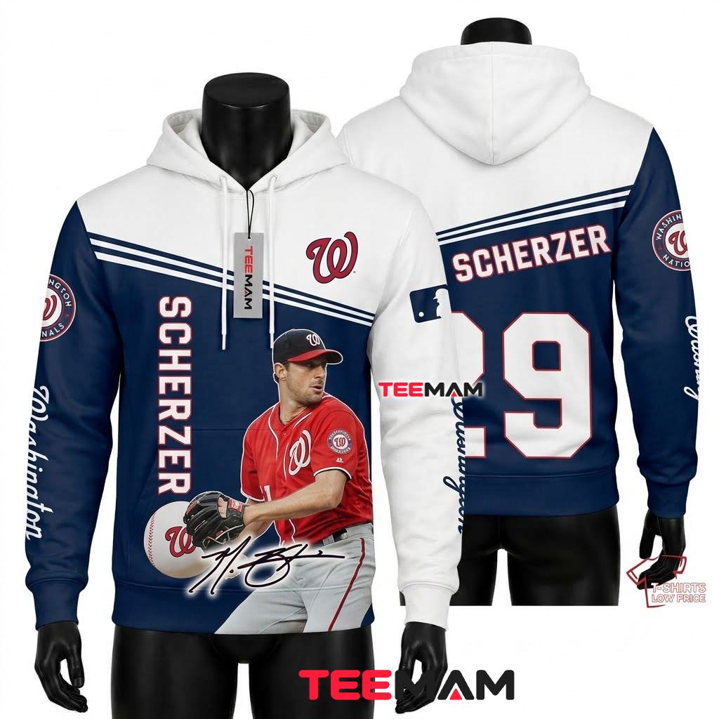Washington Nationals 3D Hoodie Max Scherzer 29 Player Portrait Front