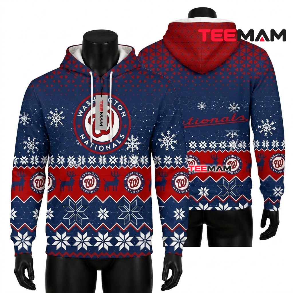 Washington Nationals 3D Hoodie Snowflake Reindeer Christmas Pattern Front