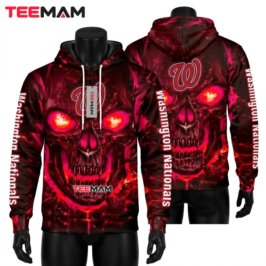 Washington Nationals All Over Print 3D Hoodie Skull Flame Red Front