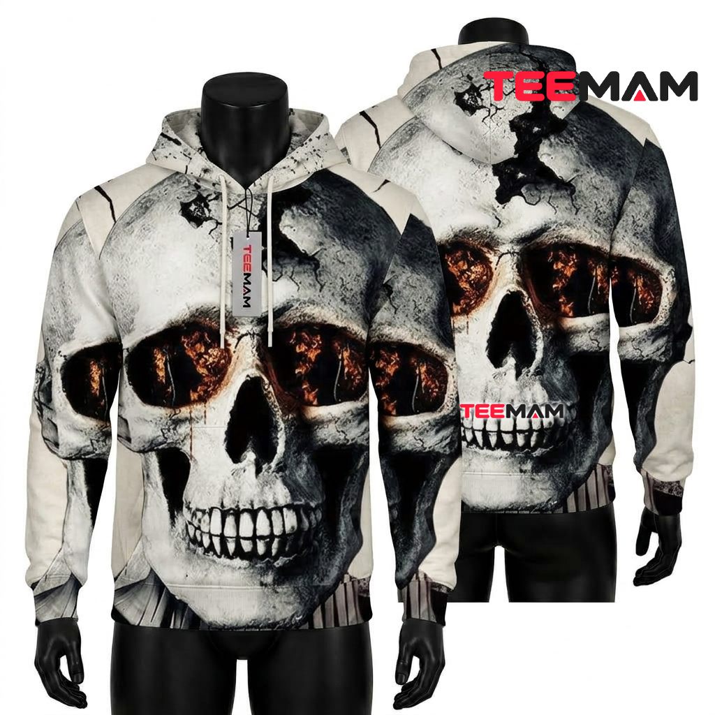 White Fire Eyes Skull 3D Hoodie Front