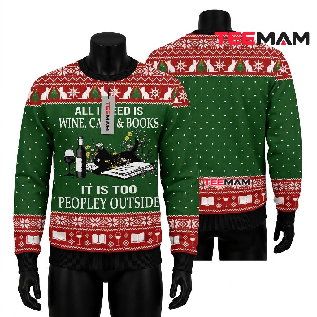 Wine Cats Books Ugly Christmas Sweater Too Peopley Outside Front