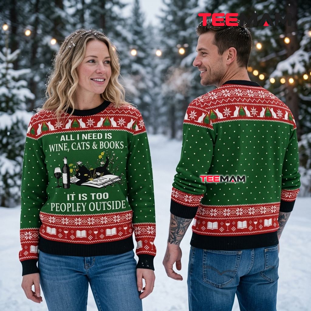Wine Cats Books Ugly Christmas Sweater Too Peopley Outside Back Wine Cats Books Ugly Christmas Sweater Too Peopley Outside Back