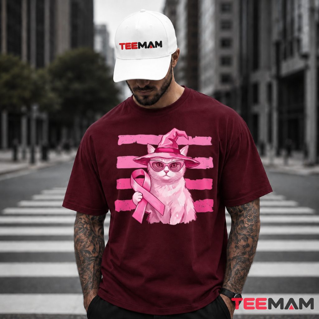 Witch Cat Sunglasses Pink Ribbon Awareness T-Shirt