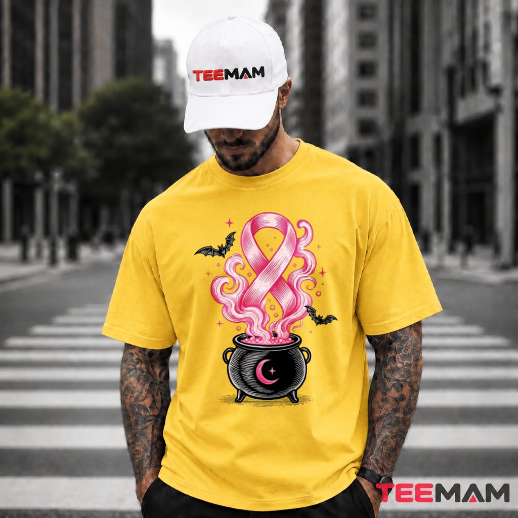 Witch Cauldron Pink Ribbon Smoke Bats T-Shirt