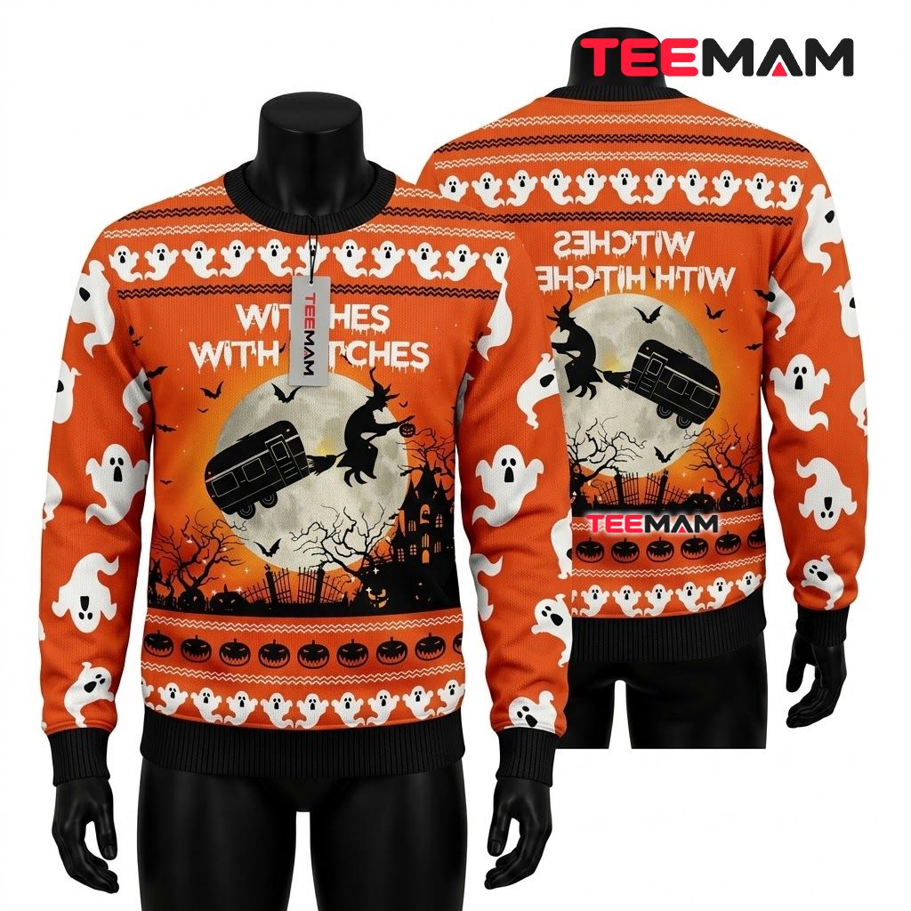 Witch Ugly Halloween Sweater Camper Haunted House Orange Front