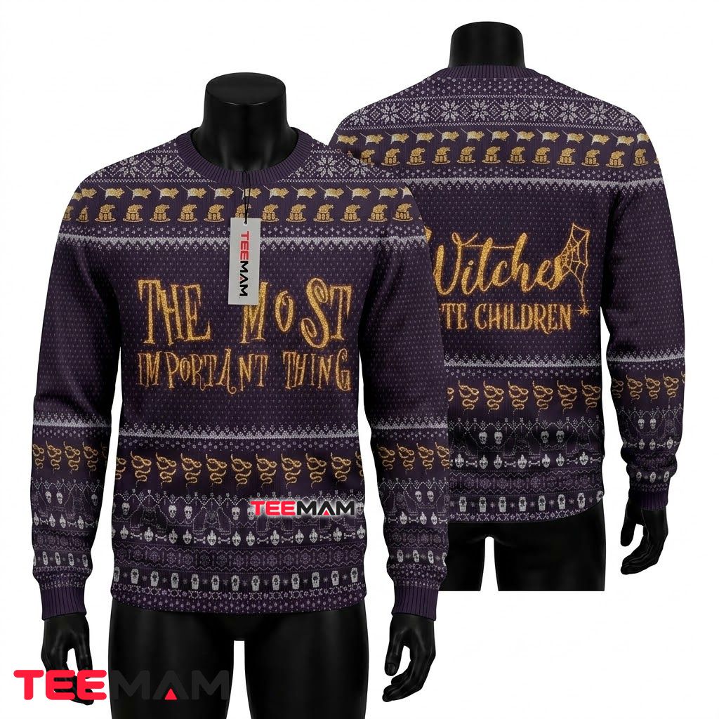 Witches Ugly Halloween Sweater Hate Children Purple Gold Front
