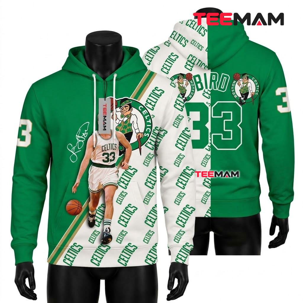 Boston Celtics 3D Hoodie Number 33 Larry Bird Green White