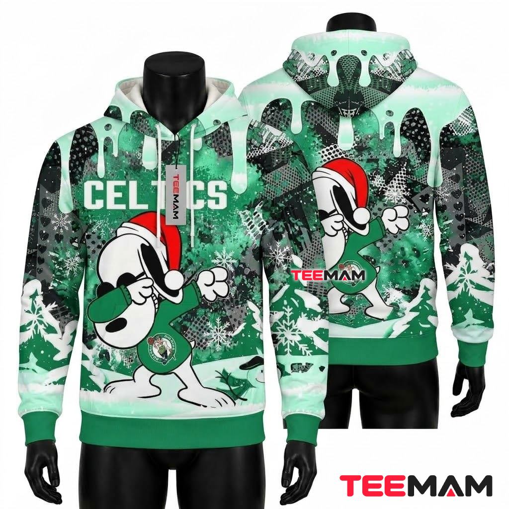 Boston Celtics 3D Hoodie Snoopy Dabbing Santa Hat Christmas Snow Green