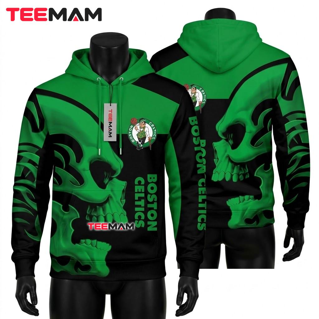 Boston Celtics All Over Print 3D Hoodie Side Profile Tribal Skull