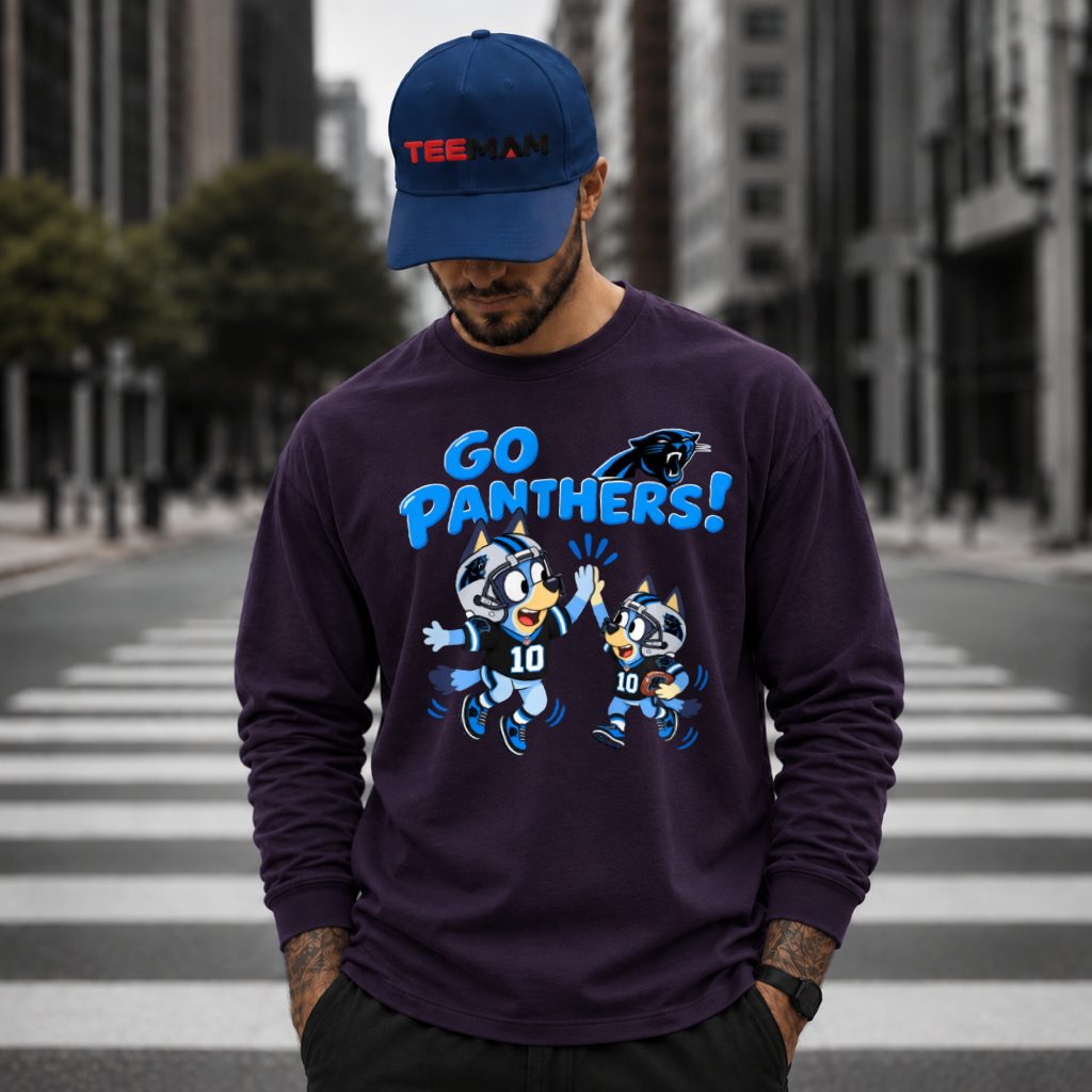 Carolina Panthers Bluey And Bingo High Five Football Long Sleeve Carolina Panthers Bluey And Bingo High Five Football Long Sleeve