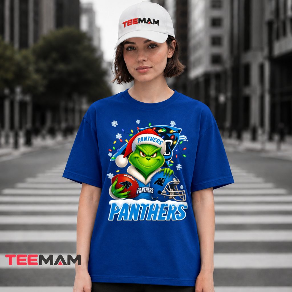 Carolina Panthers Cute Grinch Christmas Lights T-Shirt