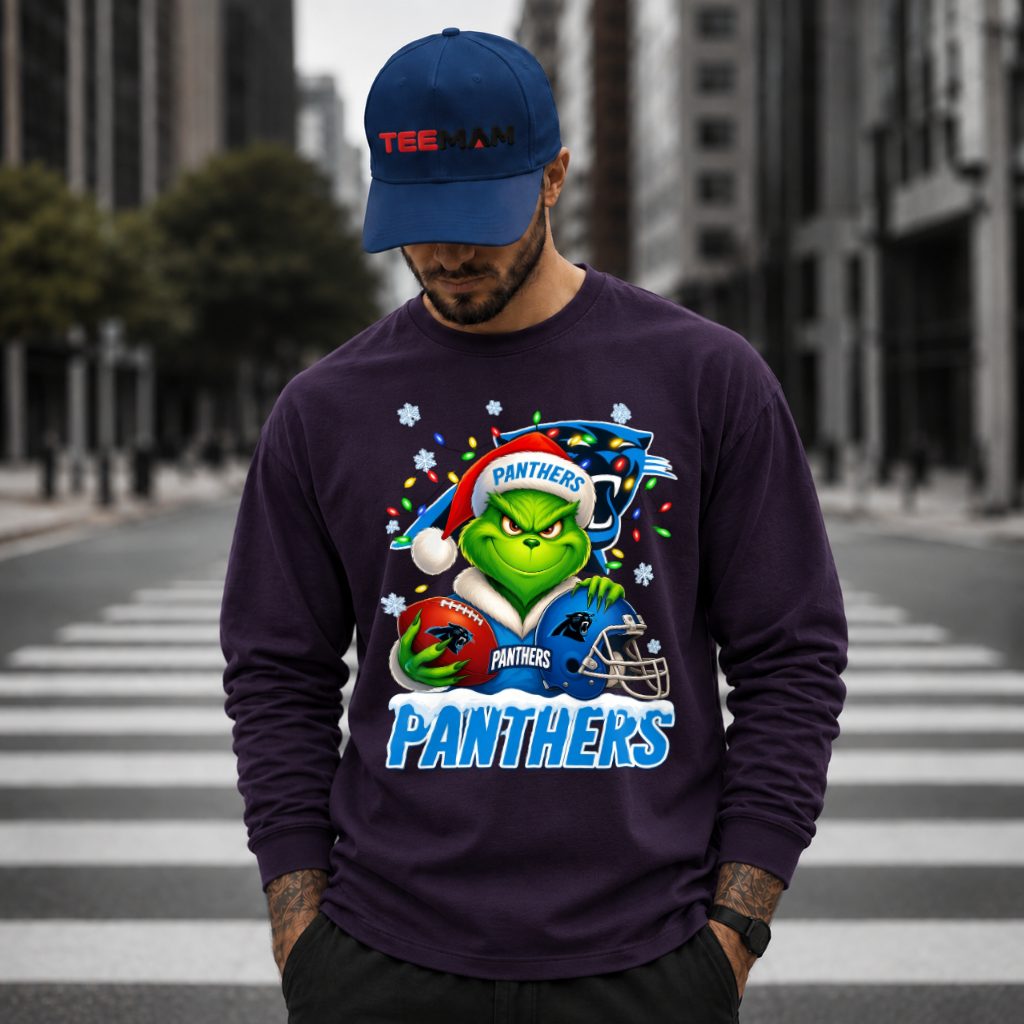 Carolina Panthers Cute Grinch Christmas Lights Long Sleeve Carolina Panthers Cute Grinch Christmas Lights Long Sleeve
