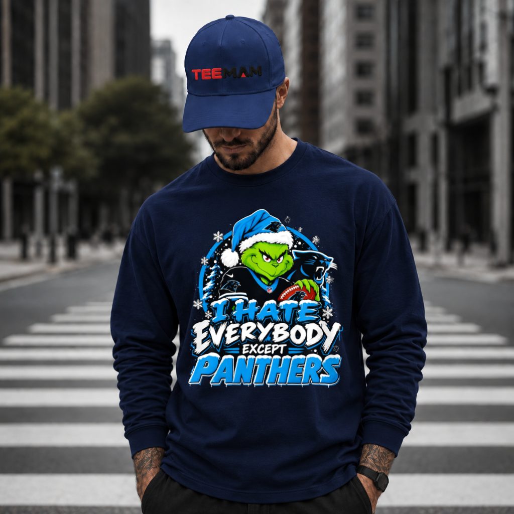 Carolina Panthers Grinch Hate Everybody Snowy Santa Hat Long Sleeve Carolina Panthers Grinch Hate Everybody Snowy Santa Hat Long Sleeve