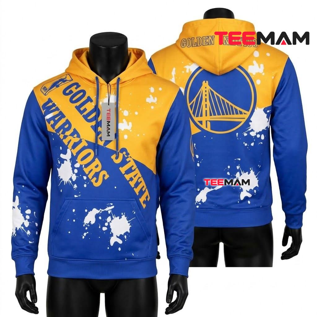 Golden State Warriors 3D Hoodie Blue Gold Paint Splatter
