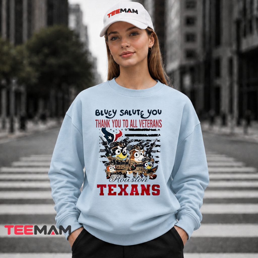 Houston Texans Bluey Salute Veterans American Flag Long Sleeve Houston Texans Bluey Salute Veterans American Flag Long Sleeve