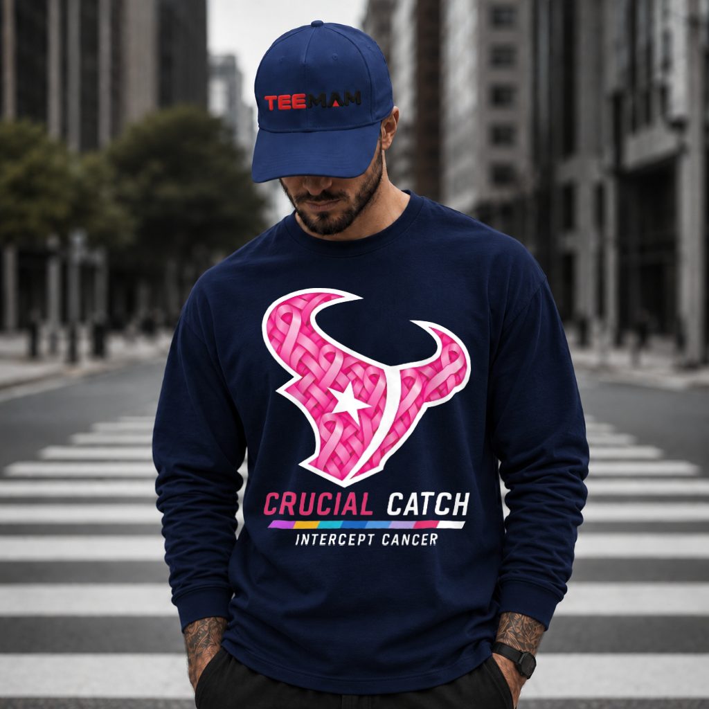 Houston Texans Crucial Catch Pink Bull Logo Long Sleeve Houston Texans Crucial Catch Pink Bull Logo Long Sleeve