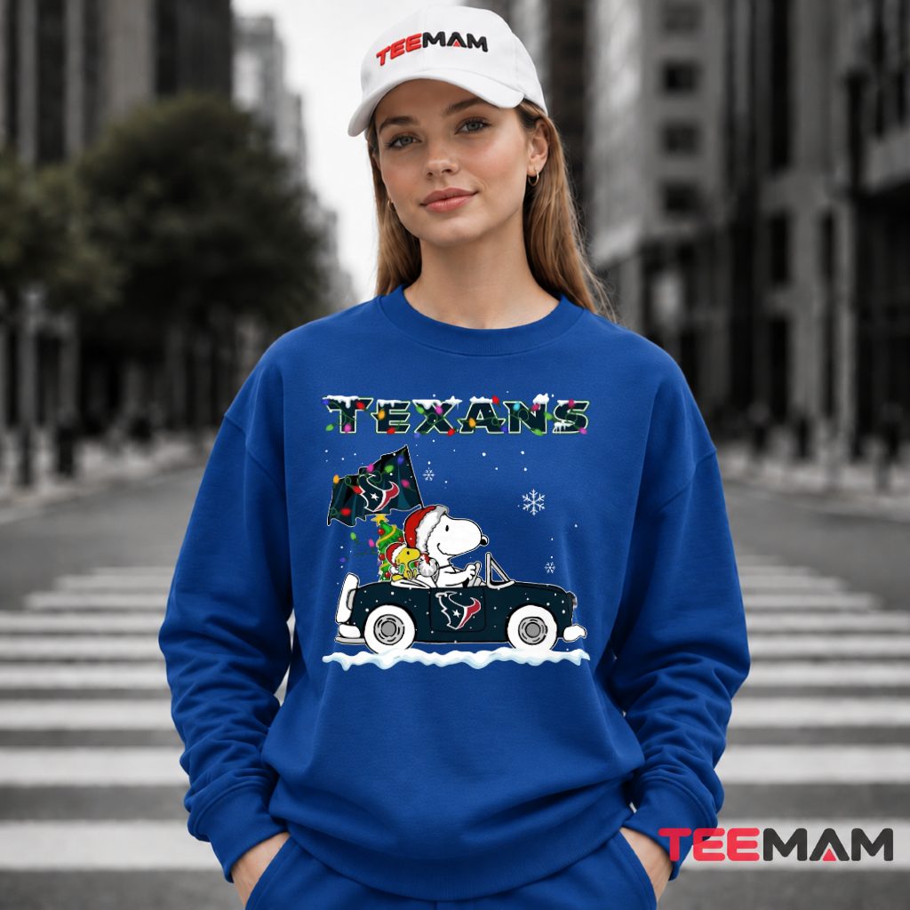 Houston Texans Snoopy Snowy Christmas Car Drive Long Sleeve Houston Texans Snoopy Snowy Christmas Car Drive Long Sleeve