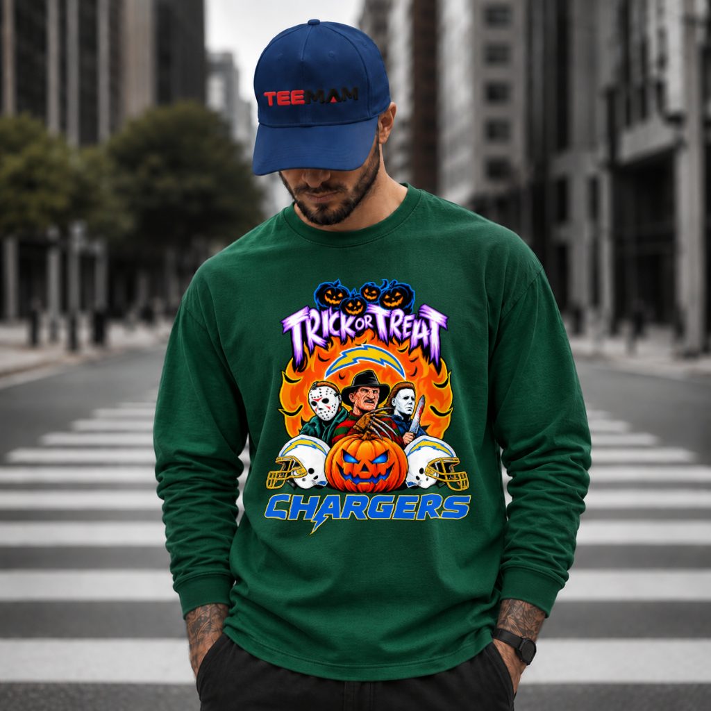 Los Angeles Chargers Halloween Horror Characters Pumpkin Long Sleeve Los Angeles Chargers Halloween Horror Characters Pumpkin Long Sleeve