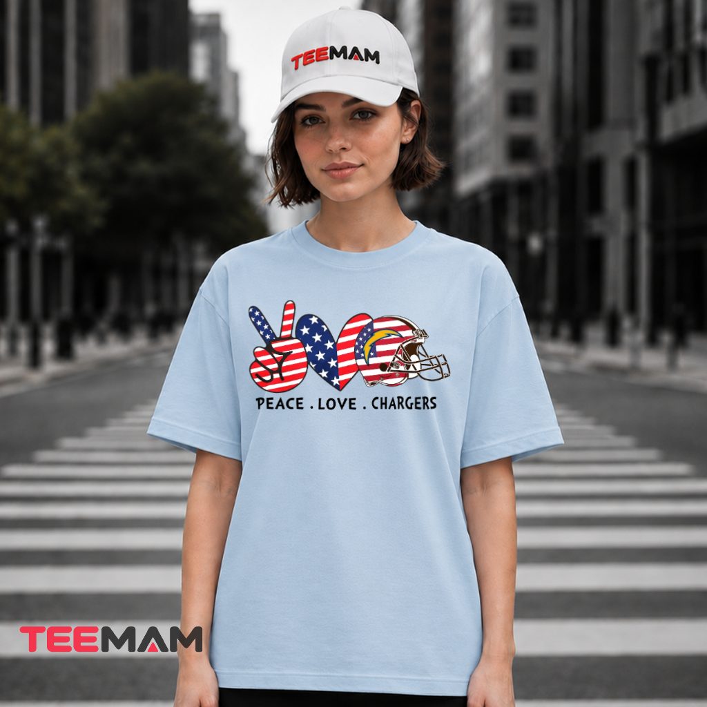 Los Angeles Chargers Peace Love American Flag Helmet T-Shirt