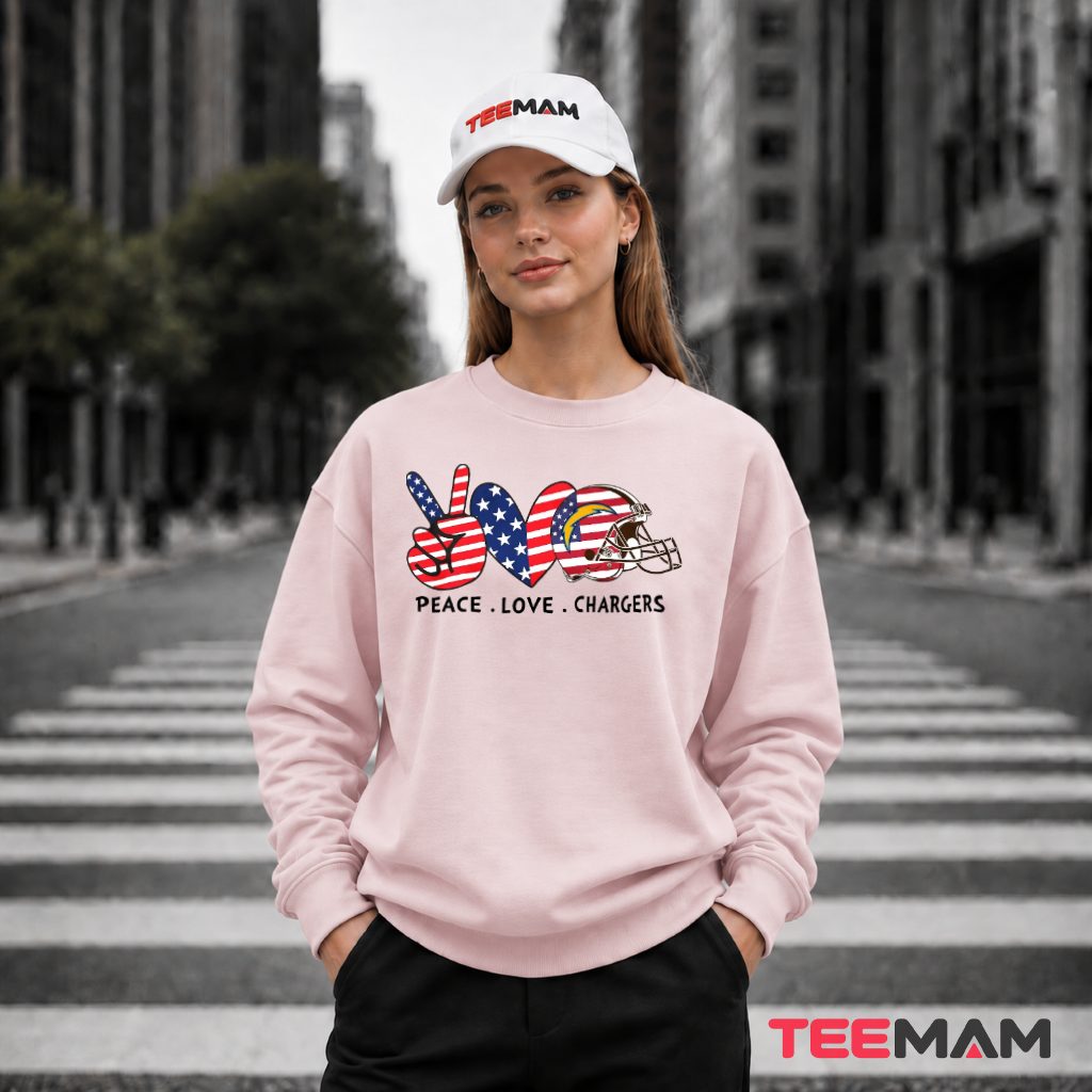 Los Angeles Chargers Peace Love American Flag Helmet Long Sleeve Los Angeles Chargers Peace Love American Flag Helmet Long Sleeve