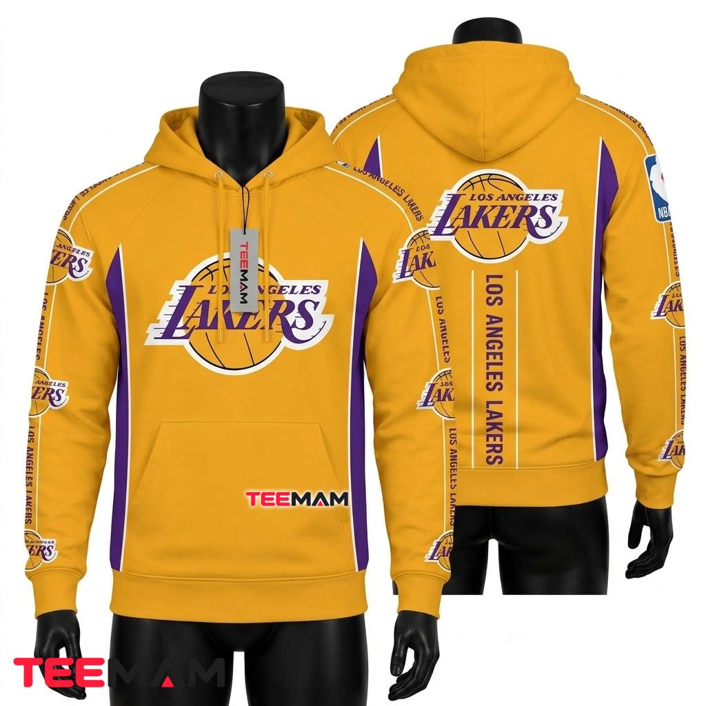 Los Angeles Lakers 3D Hoodie Gold Purple Side Stripe Team Logo