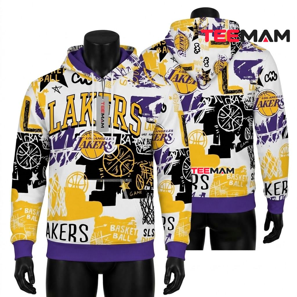 Los Angeles Lakers 3D Hoodie Graffiti Basketball Collage White Purple Gold Black
