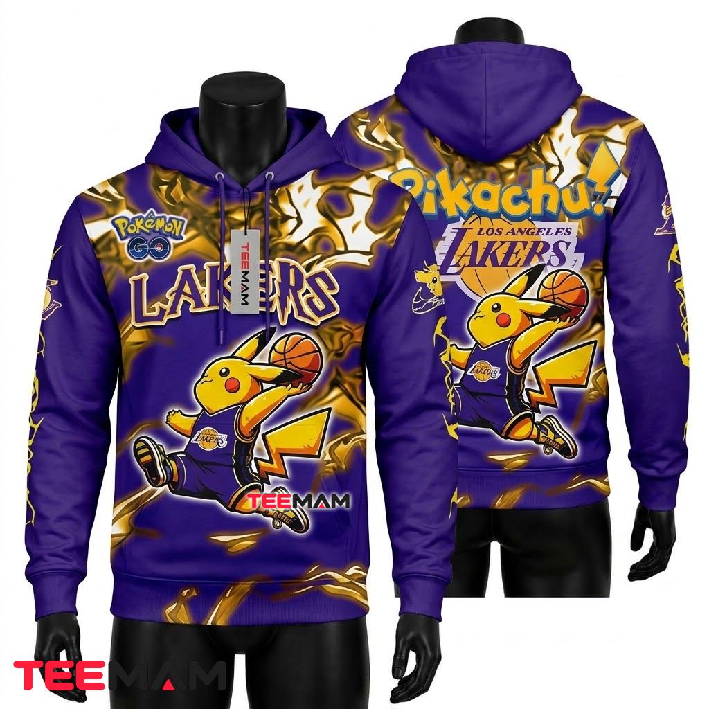 Los Angeles Lakers 3D Hoodie Pokemon Go Pikachu Basketball Dunk Lightning