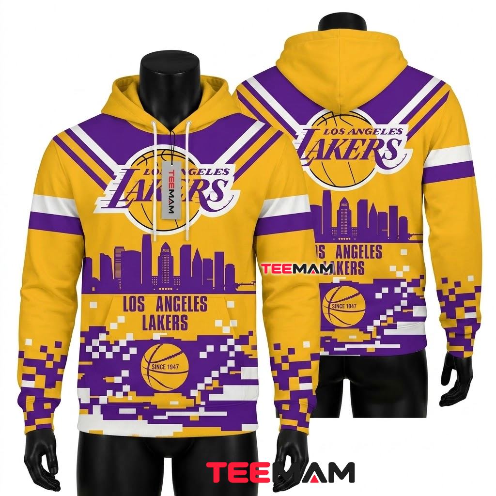 Los Angeles Lakers 3D Hoodie Since 1947 City Skyline Purple Gold Pixel Pattern