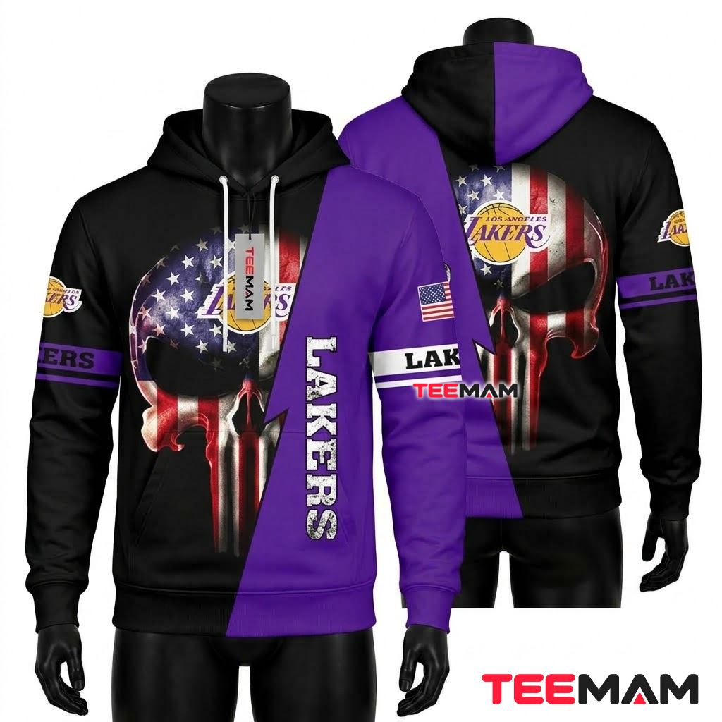 Los Angeles Lakers All Over Print 3D Hoodie American Flag Skull Purple Black