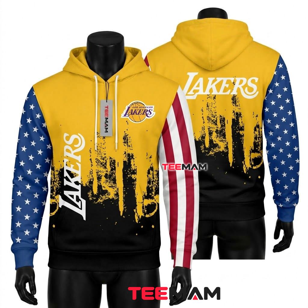 Los Angeles Lakers All Over Print 3D Hoodie American Flag Yellow Black Paint Drip