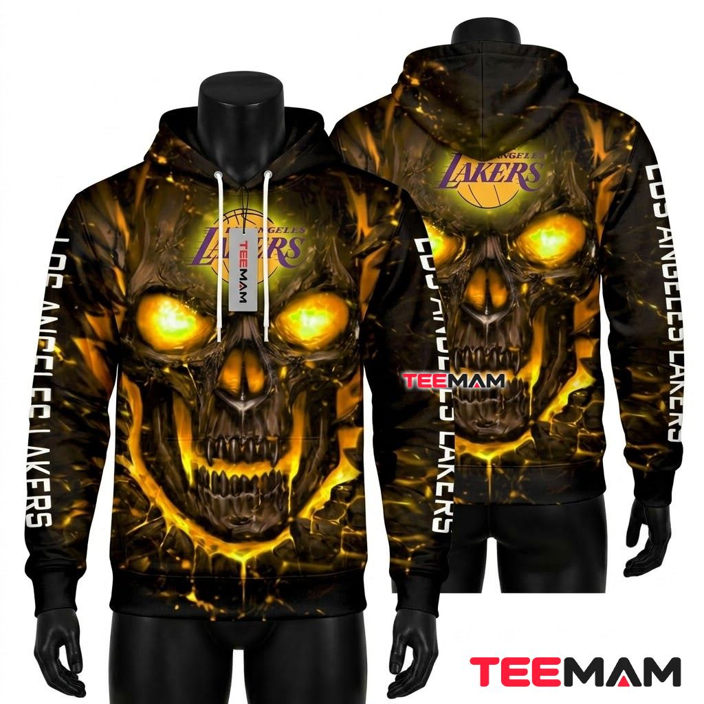 Los Angeles Lakers All Over Print 3D Hoodie Glowing Eyes Skull Gold Black Lava Crack