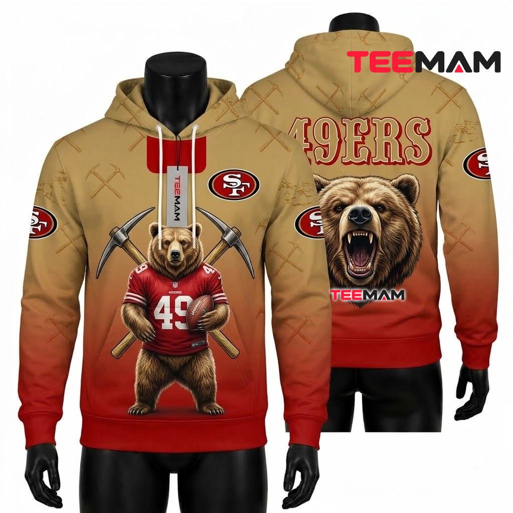 San Francisco 49ers 3D Hoodie Grizzly Bear Crossed Pickaxes Football