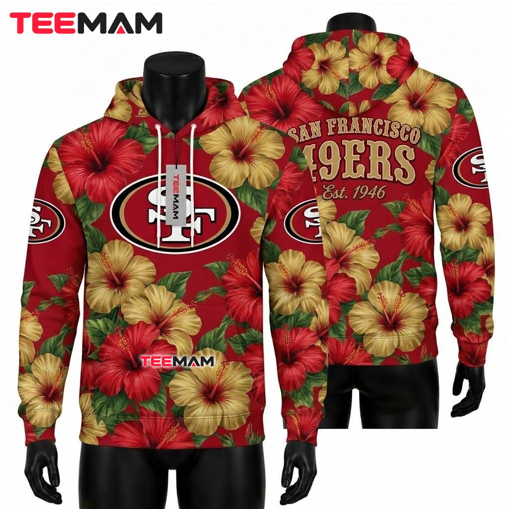 San Francisco 49ers 3D Hoodie Hibiscus Flower Established 1946 Red